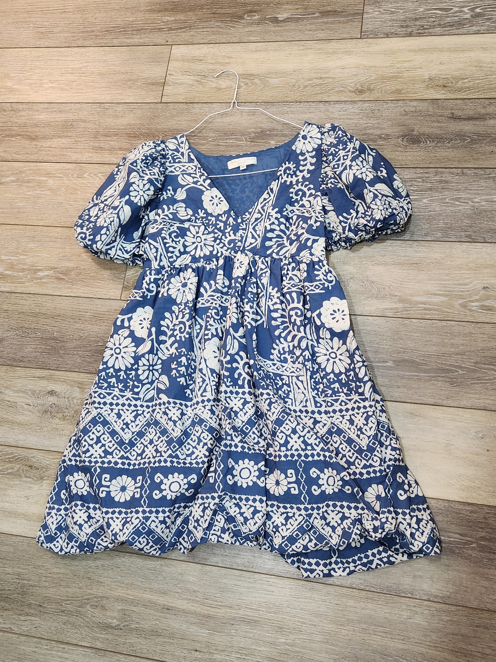 Caroline Constas Blue and White Floral Puff-Sleeve Mini Dress Size Medium
